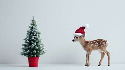 A baby deer is wearing a Christmas hat next to a small decorated tree, adding a cheerful touch to the festive atmosphere