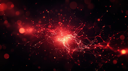 Obraz premium Abstract red glowing digital network on a dark background, with connecting lines, dots, and bokeh light effects.