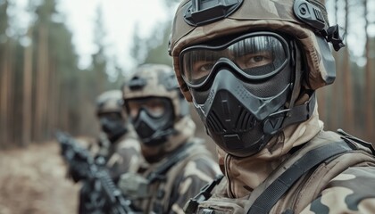 Fototapeta premium Military Tactical Training Camouflaged Soldiers Prepare for Battle in the Forest, Protective Gear, Weapons, Teamwork, Strategy, Combat Readiness