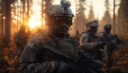 Obraz premium Military Team Planning Tactical Strategy in a Forest, Focused on Victory, Teamwork, and Success, Soldiers Preparing for Mission, Combat Operations, Warfare, Military Training, Strategic Planning