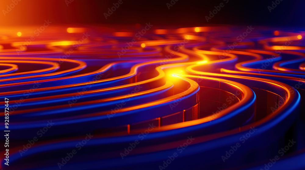 Poster abstract close-up of flowing curves illuminated by vibrant orange and blue lights, creating a dynami