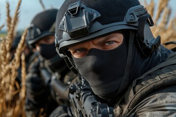 SWAT Team Members Prepare for Action, Wearing Masks and Holding Guns, Strategizing in the Field During a Tactical Operation
