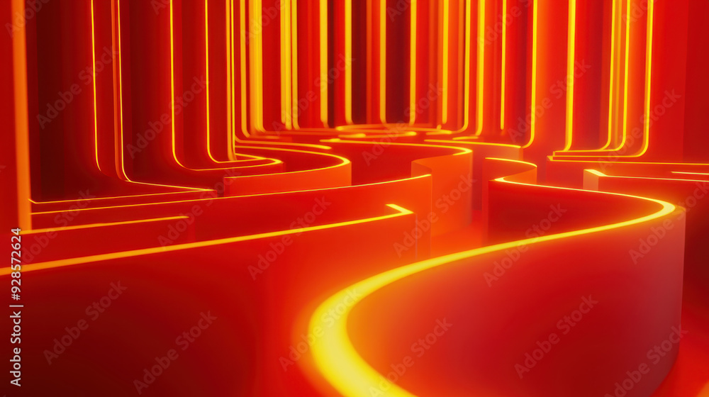 Poster abstract composition of vibrant glowing lines in shades of red and orange creating a mesmerizing, fu