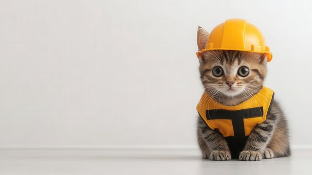 Tabby cat in construction gear sitting quietly in the corner of a clean white space, neutral backdrop, Labor Day celebration