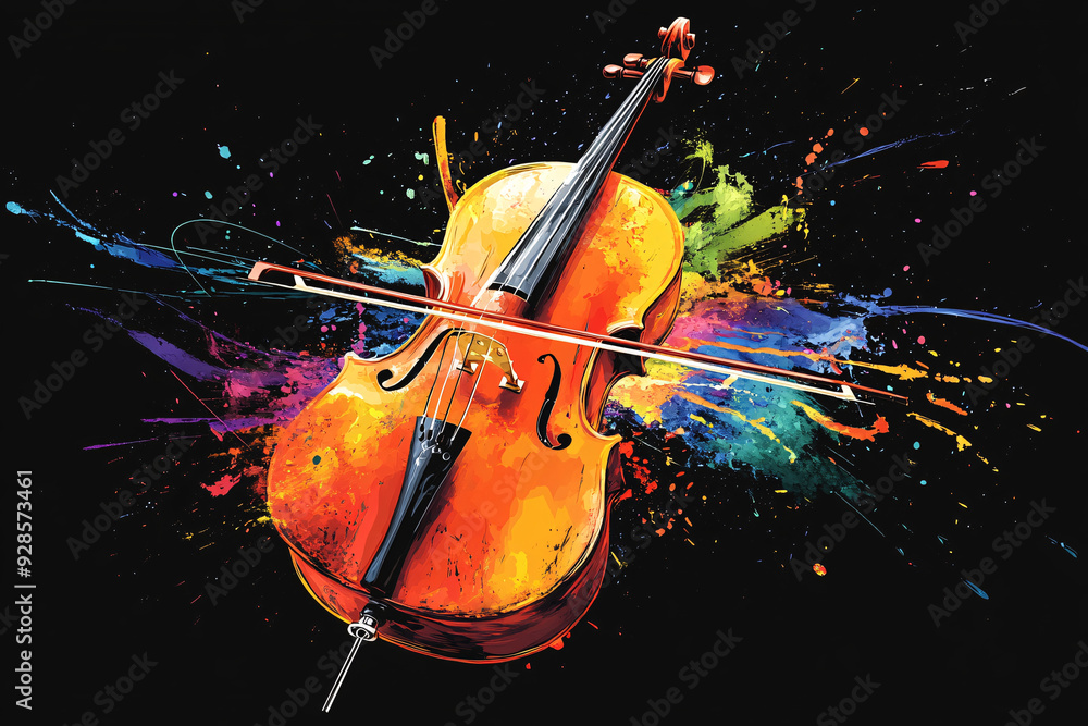 Poster dynamic visual of a cello surrounded by colorful paint splashes on a black background combining the 