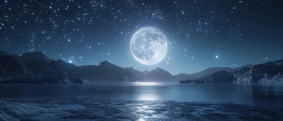 Naklejka premium Serene Moonlit Night - Quality Night Sky with Full Moon and Stars Illuminating Landscape in Photorealistic Detail for Calm and Peaceful Scene
