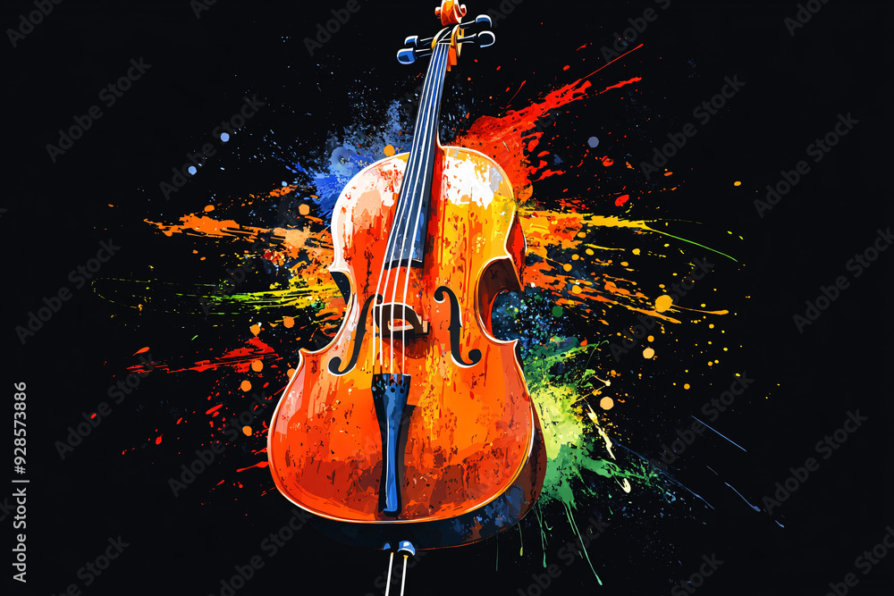 Poster a striking illustration of a cello with bold splashes of color on a black background, capturing a dy