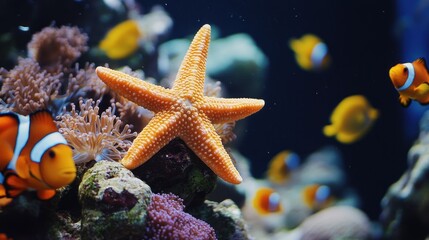 Starfish and Clownfish in an Aquarium