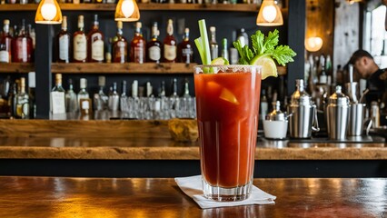 Bloody Mary Cocktail. Bloody or virgin mary cocktail served in a cup with celery sticks and cherry tomatoes.