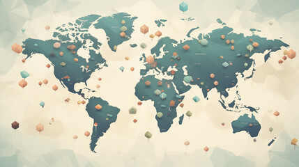 World Map with Geometric Icons of Major Cities and Landmarks Abstract Art in Soft Tones