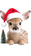 A baby deer is wearing a Christmas hat next to a small decorated tree, adding a cheerful touch to the festive atmosphere.