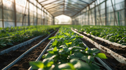 Fresh green plants growing in rows inside a sunlit greenhouse with rows of soil and clear glass panels