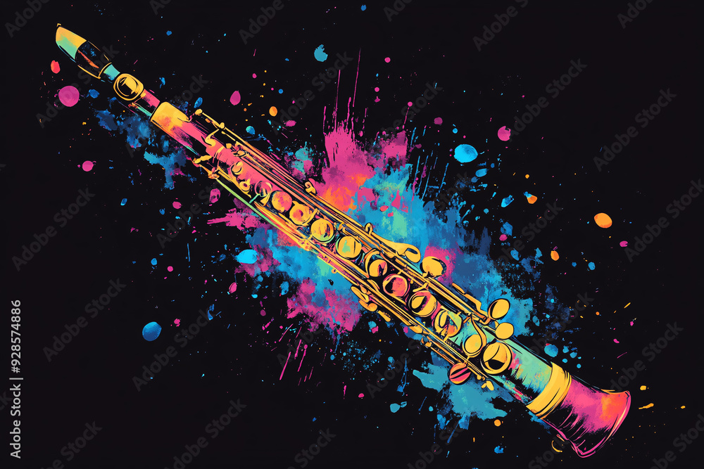 Poster a colorful clarinet illustrated with vibrant paint splashes in the background set against a dark bac