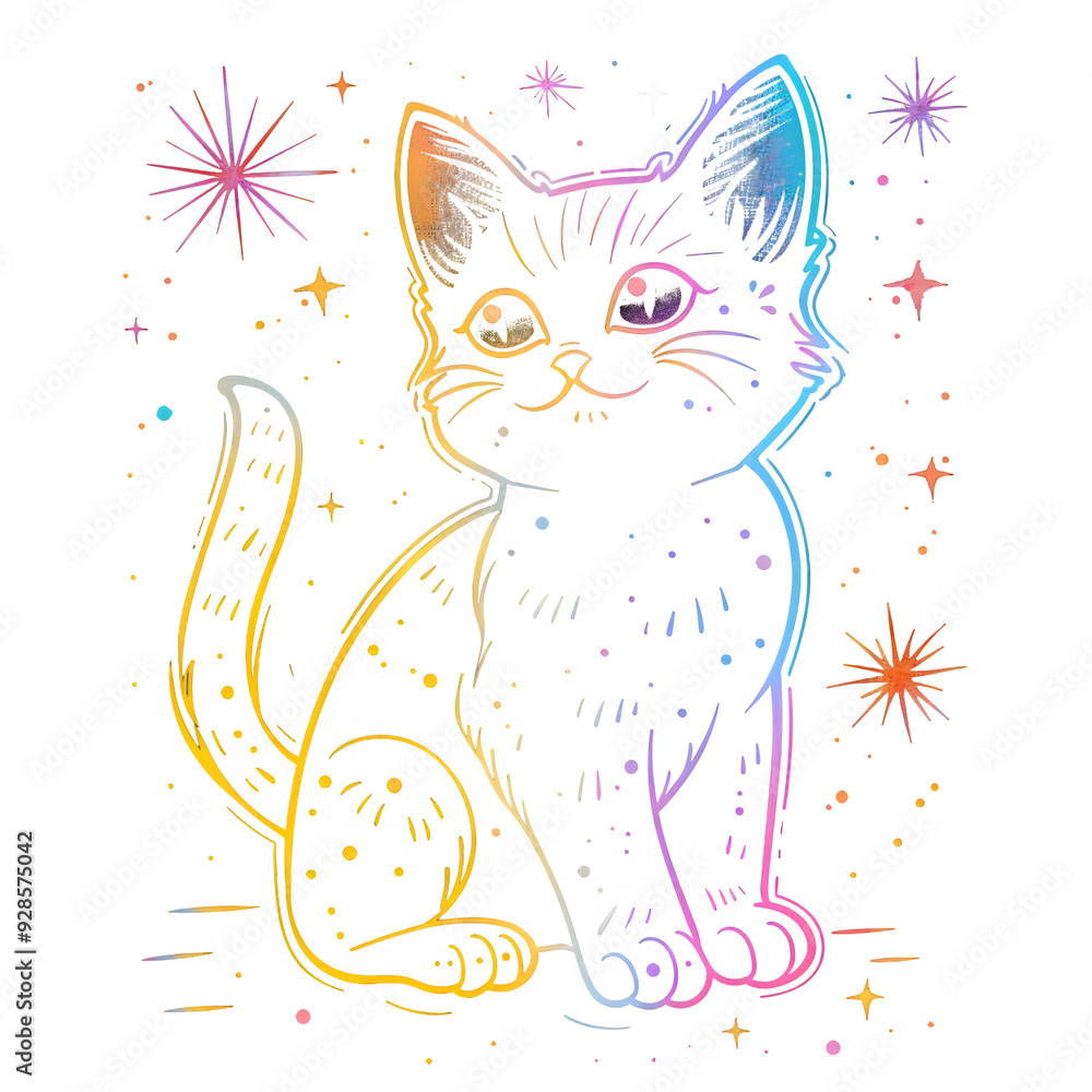 Poster Vibrant neon cat illustration with glowing stars and sparkles, perfect for creative design projects and digital artwork on a transparent background