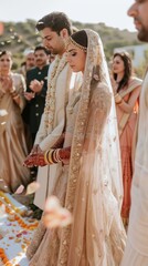 Fototapeta premium The couple stands together, exchanging vows while family members celebrate around them, adorned in traditional attire