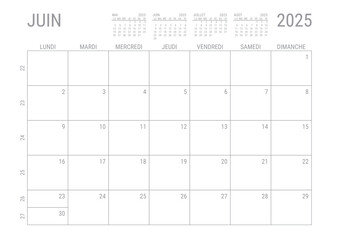 Calendrier Juin 2025 Mensuel Planificateur avec Numero de Semaine à imprimer A4	