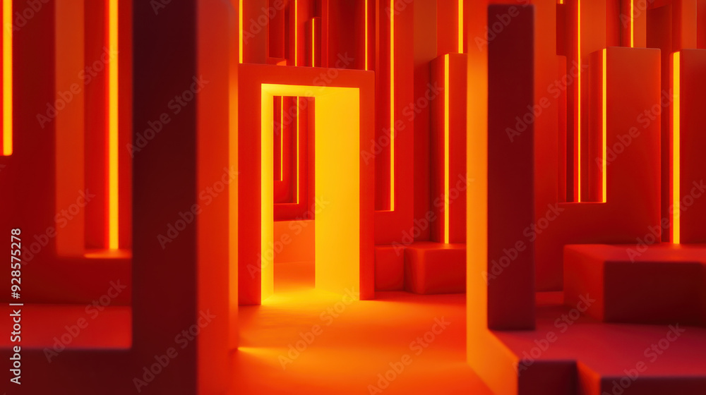 Poster abstract architectural space with illuminated orange structures and an open door creating a dynamic,