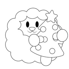 Cute cartoon Sheep with Christmas Tree in black and white