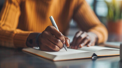 Detailed view of a person writing in a journal, with the pen touching the paper