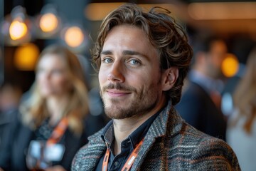 Fototapeta premium A stylish man in a suit smiles confidently at a professional networking event, embodying the essence of professionalism, charm, and effective communication in career development.