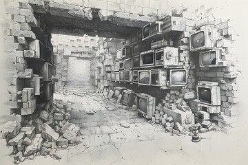 Televisions in a Crumbling Building.