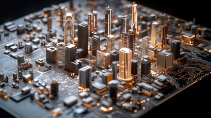 The artwork depicts an abstract city skyline illuminated by glowing lines and dots, incorporating elements of a digital equalizer in blue and red hues