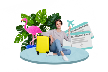 Collage image 3d pop pinup banner picture billboard of charming girl advertising travel agency low price tickets hold paper plane