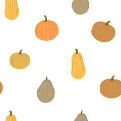 Pumpkins, autumn leaves, background, vector seamless pattern