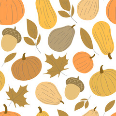 Pumpkins, autumn leaves, background, vector seamless pattern