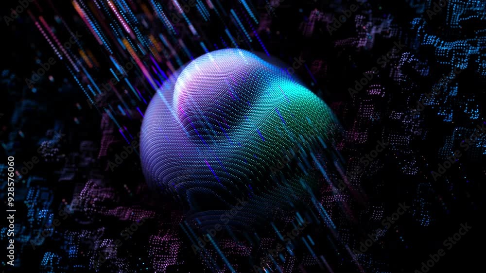 Poster bright 3d sphere with wavy pixelated surface on black background with glowing particles. abstract co