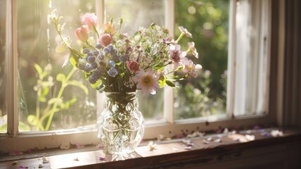 Fototapeta premium A close-up of a crystal vase filled with fresh flowers, placed on a windowsill with light streaming through