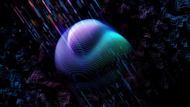 Bright 3D sphere with wavy pixelated surface on black background with glowing particles. Abstract concept of sound waves, artificial intelligence, big data. Looped 4K video of digital music equalizer