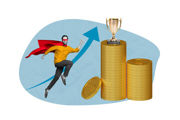 Creative collage of funny superhero man fly wear red mask cape fly first place competition prize money coins isolated on blue background