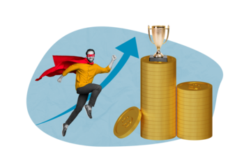 Creative collage of funny superhero man fly wear red mask cape fly first place competition prize money coins isolated on blue background