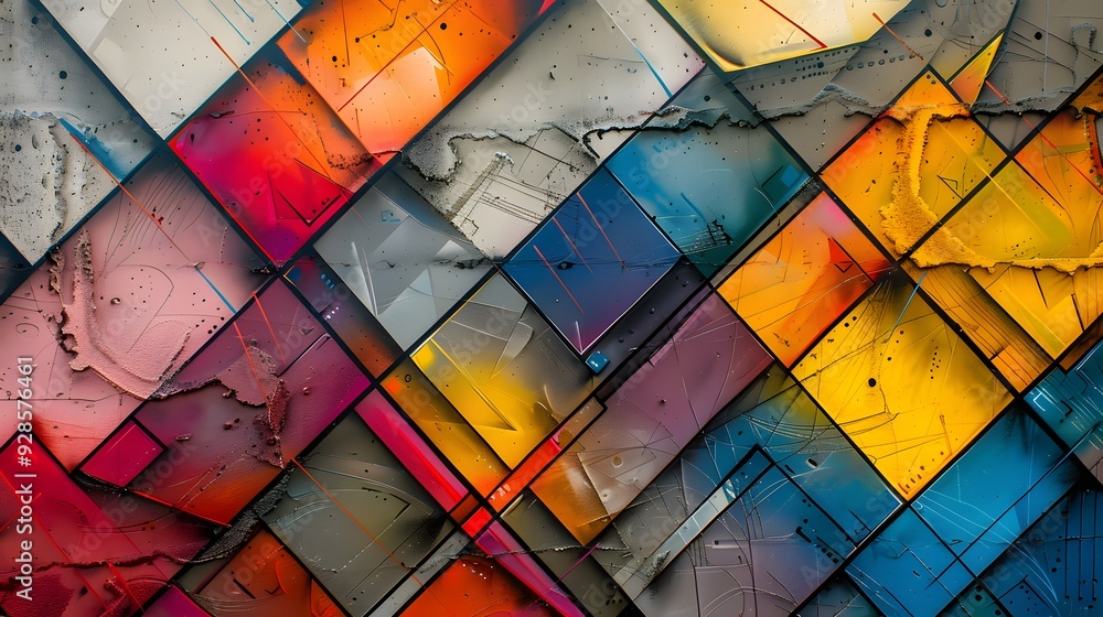 Poster abstract geometric pattern with vivid colors and textured surface.