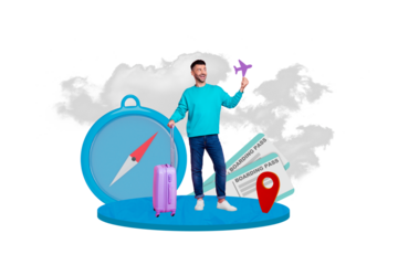 Advertisement poster collage banner image of happy guy hold paper plane dream relax rest fly abroad isolated drawing background