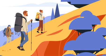 Hikers trekking up mountain trail outdoors nature landscape colorful trees scenic background