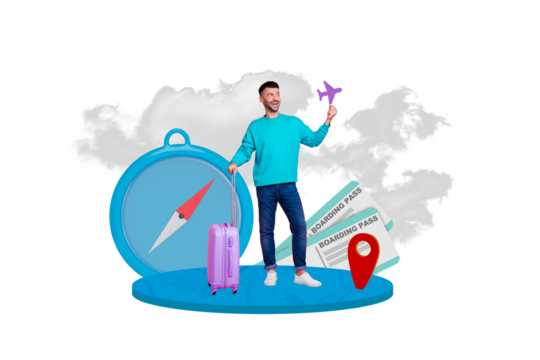 Advertisement poster collage banner image of happy guy hold paper plane dream relax rest fly abroad isolated drawing background