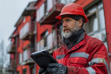 A construction worker in a red uniform and protective helmet uses a tablet while standing outside red buildings on a rainy day, showcasing modern construction technology.