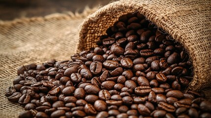 Fototapeta premium Burlap Sack Overflowing with Dark Roasted Coffee Beans, Close-Up Macro Shot, Rich Brown Tones, Rustic Wooden Background