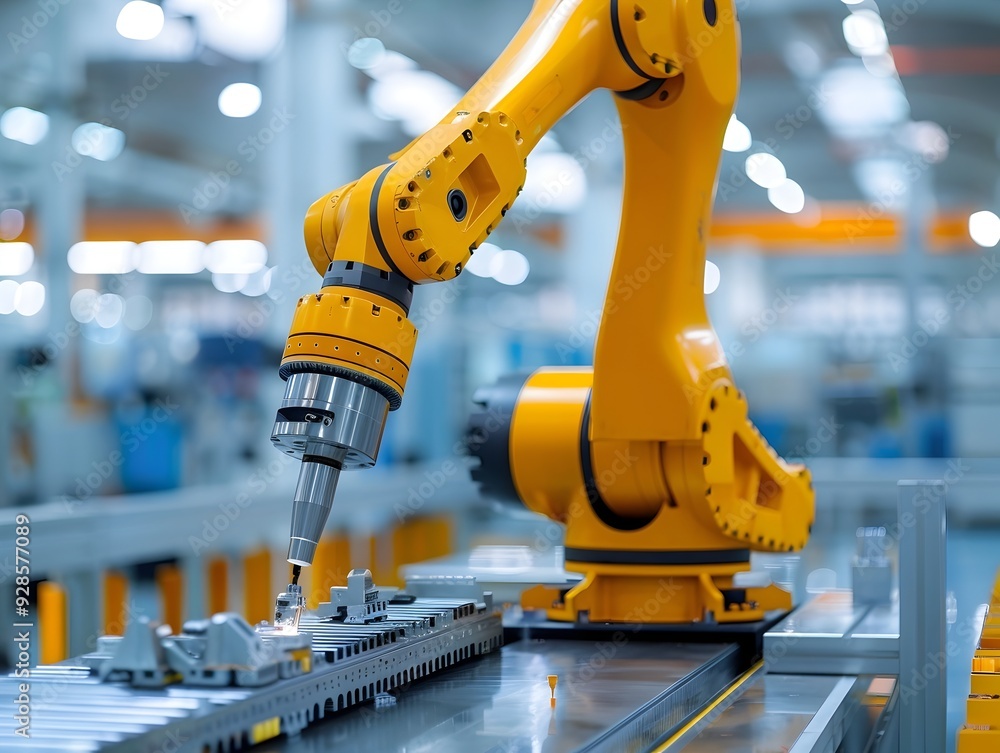 Poster a high tech robotic arm assembling components with precision and speed in a modern manufacturing fac