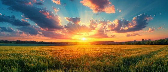 Fototapeta premium Tranquil Rural Sunset with Vibrant Cloudscape in the Countryside