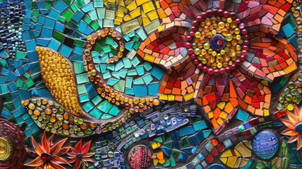 A close-up of a glass mosaic mural, showcasing intricate patterns and vibrant colors