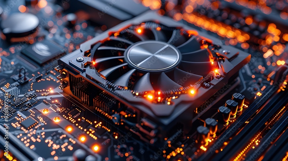 Poster cutting edge graphics card showcasing intricate circuitry and cooling system technology concept