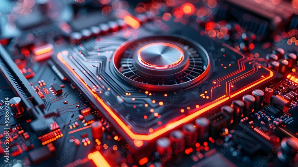 Poster cutting edge graphics card with intricate circuitry and cooling system