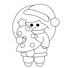 Christmas cute cartoon Girl Santa with Christmas tree in black and white
