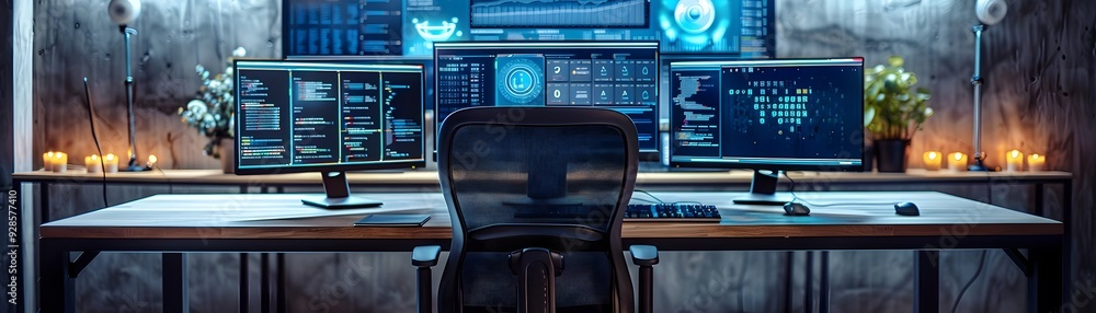 Poster high tech office setup with ergonomic furniture and multiple monitors for efficient productivity