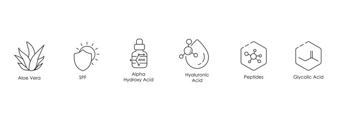 Aloe Vera, SPF, Alpha Hydroxy Acid, Hyaluronic Acid, Peptides, and Glycolic Acid Vector Illustration Icon Set