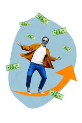 Vertical collage picture of excited black white colors man stand growing upwards arrow flying dollar bills isolated on creative background