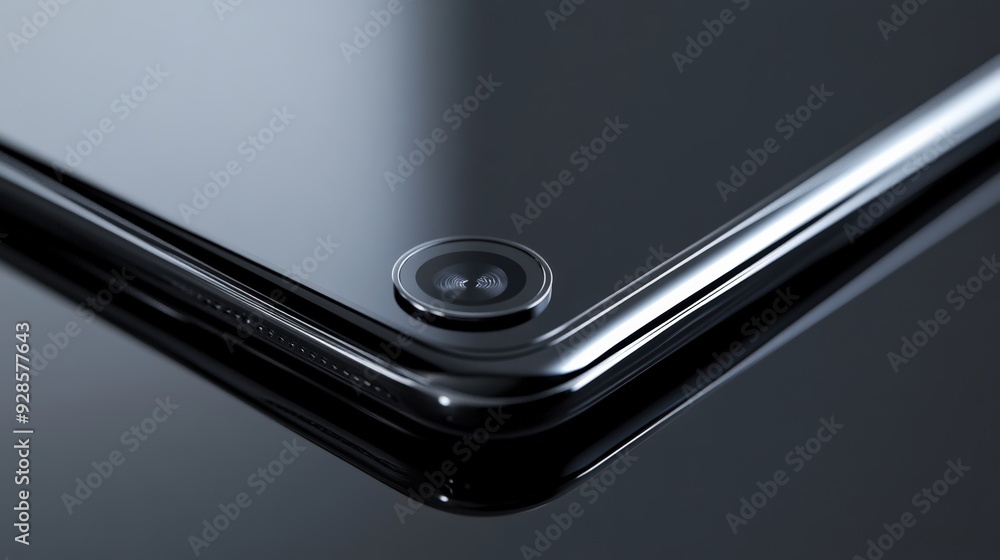 Poster close-up of a smartphone camera lens, rendered in 3d with a photorealistic style, displaying a black